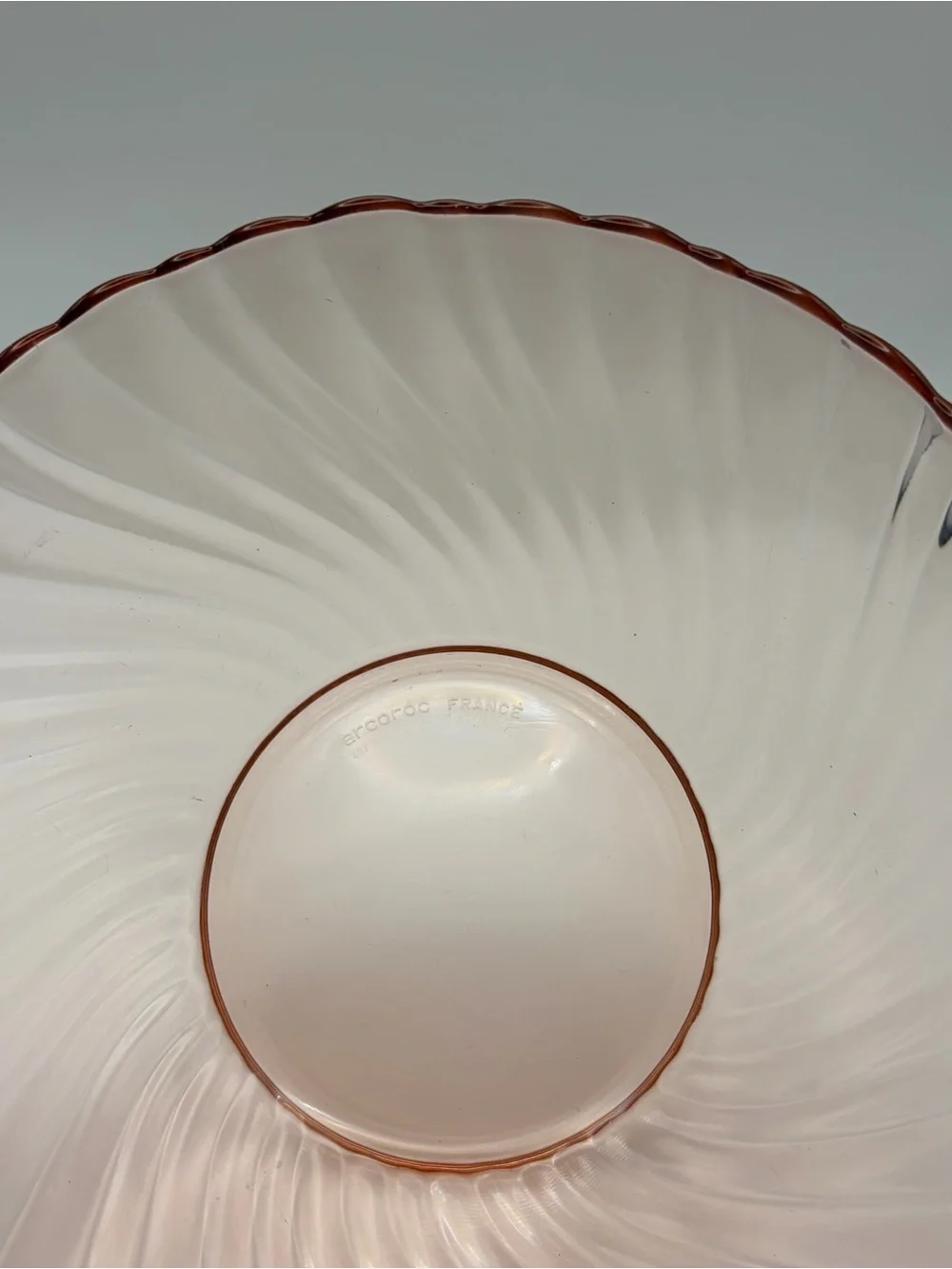 Vintage Arcoroc Rosaline Pink Swirl Glass Bowl France Scalloped Rim 9”